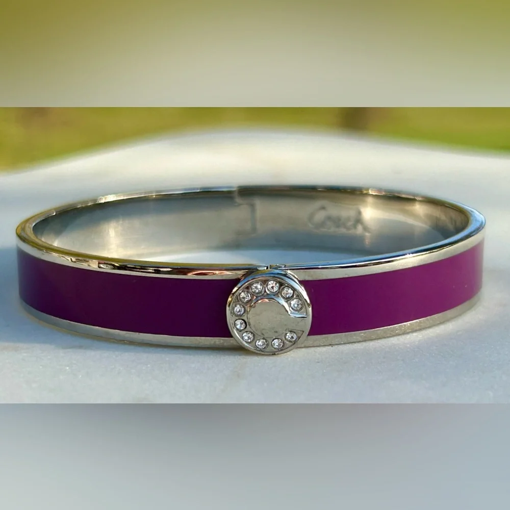 Coach Signature C Magenta Purple Silver Enameled Hinged Bangle Bracelet